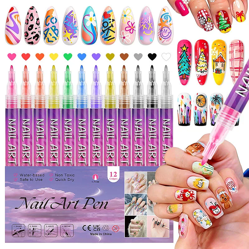 

12-Color set Nail art graffiti pen Nail DIY hook line painting pen Waterproof quick-drying marker