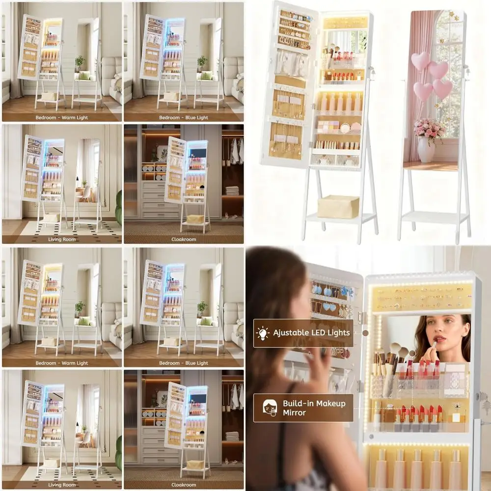 White LED Lighted Standing Jewelry Mirror Cabinet with Storage, Full-Length Floor Mirror, Lockable Armoire Organizer, 2 Drawers,