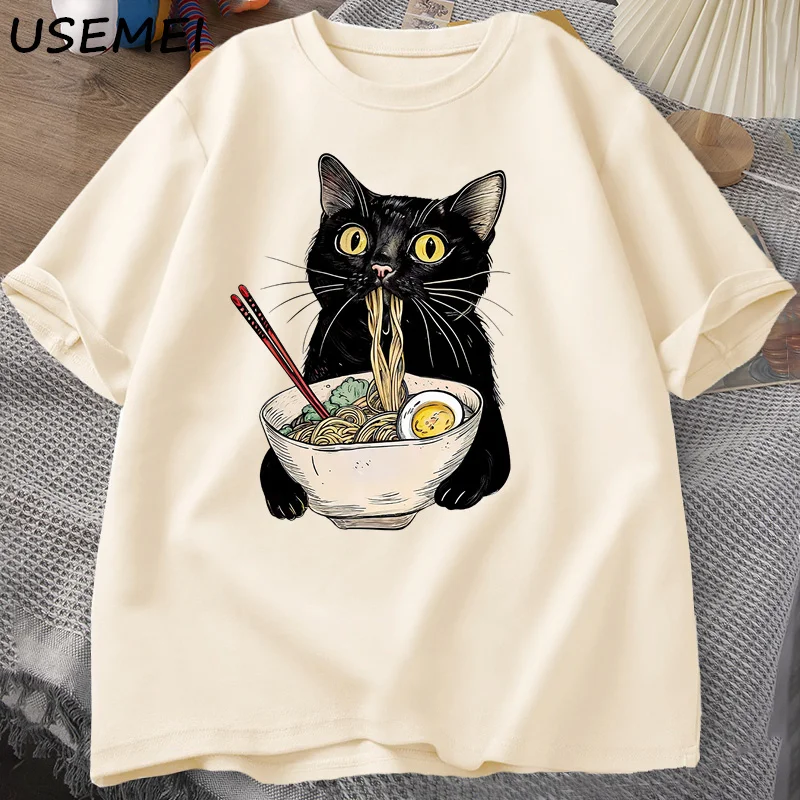 Noodle Ramen Cat T-Shirt Foodie Lover T Shirts Black Cat Noodle T-Shirts Retro Casual Short Sleeve Tshirt for Men Women Clothes