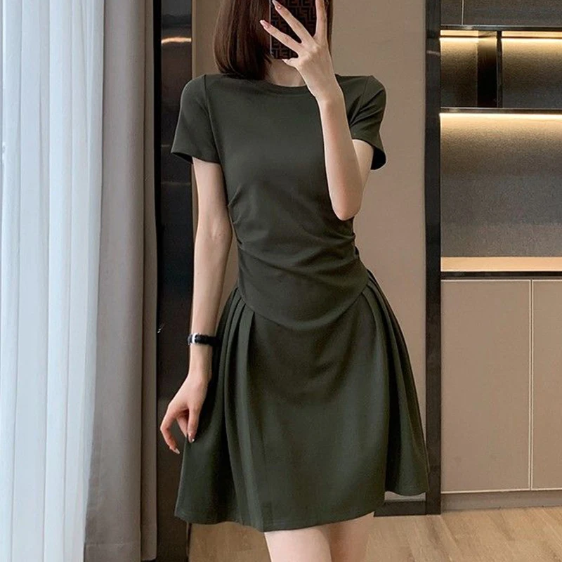 Estate nuove pieghe di colore solido Vintage a-line Robe Femme manica corta moda Casual t-shirt Vestidos donna Slim vita Mini abito