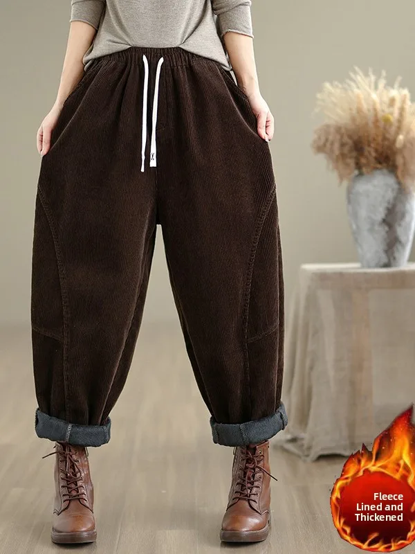 Fce doublé Thi velours côtelé papa pantalon femmes hiver chaud grande taille ample rayé décontracté Harlan pantalon confortable coupe ample