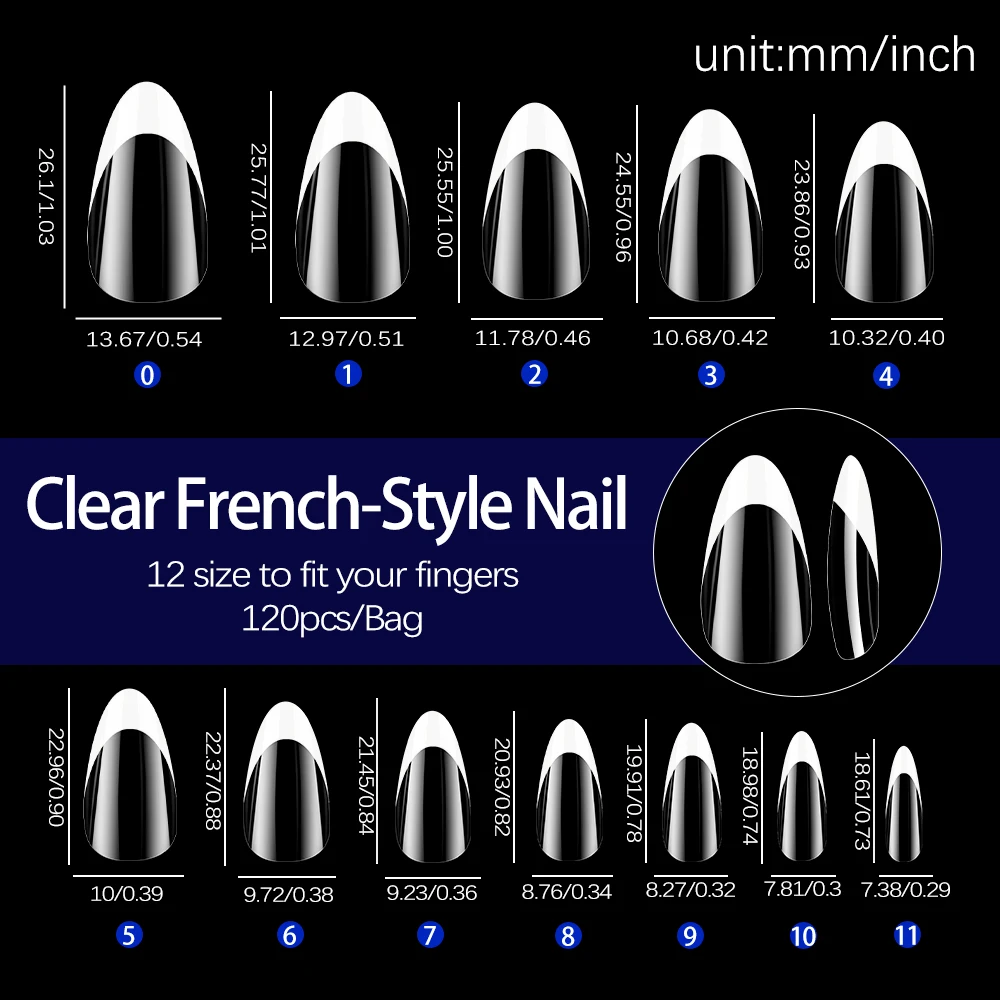 120 unids/bolsa de uñas postizas con punta blanca transparente, uñas postizas francesas brillantes, puntas de uñas postizas de almendra francesa de longitud media