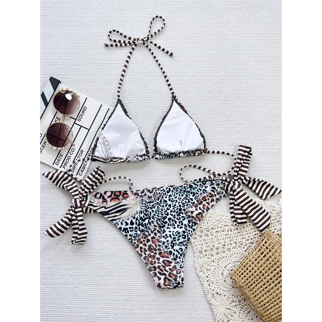 Leopard Halter Bikini mit hohem Beinausschnitt, zweiteiliger Badeanzug für Damen, Badebekleidung, Badeanzug, Schwimmbikini V6057 – Detail 9