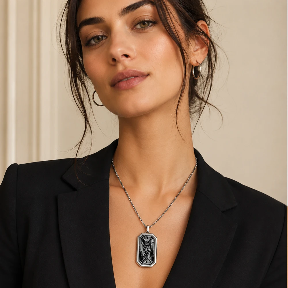 Pendant Maze Brand New Edgy Symbolic Labyrinth Lucky Jewelry 925 Sterling Silver Accessories Dog Tag Gift For Woman & Men