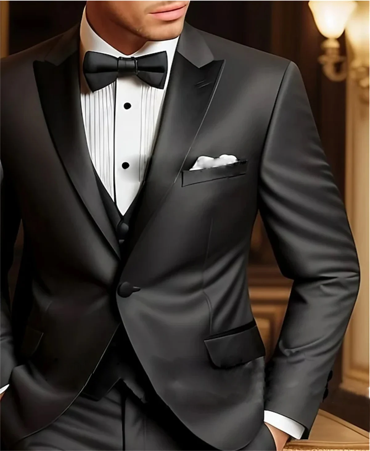 

Luxuly Suits For Men Black Tuxedos 3Pieces Sets Wedding Slim Fit Peak Lapel Groom Formal Elegant Male Blazers trajes para hombre