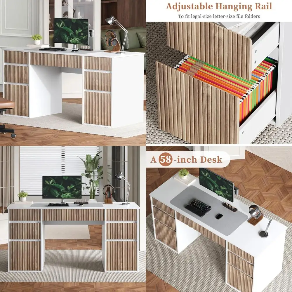 مكتب أبيض مقاس 58 بوصة مع 7 أدراج تخزين، ومكتب مكتب منزلي يتميز بخزانة ملفات تنفيذية