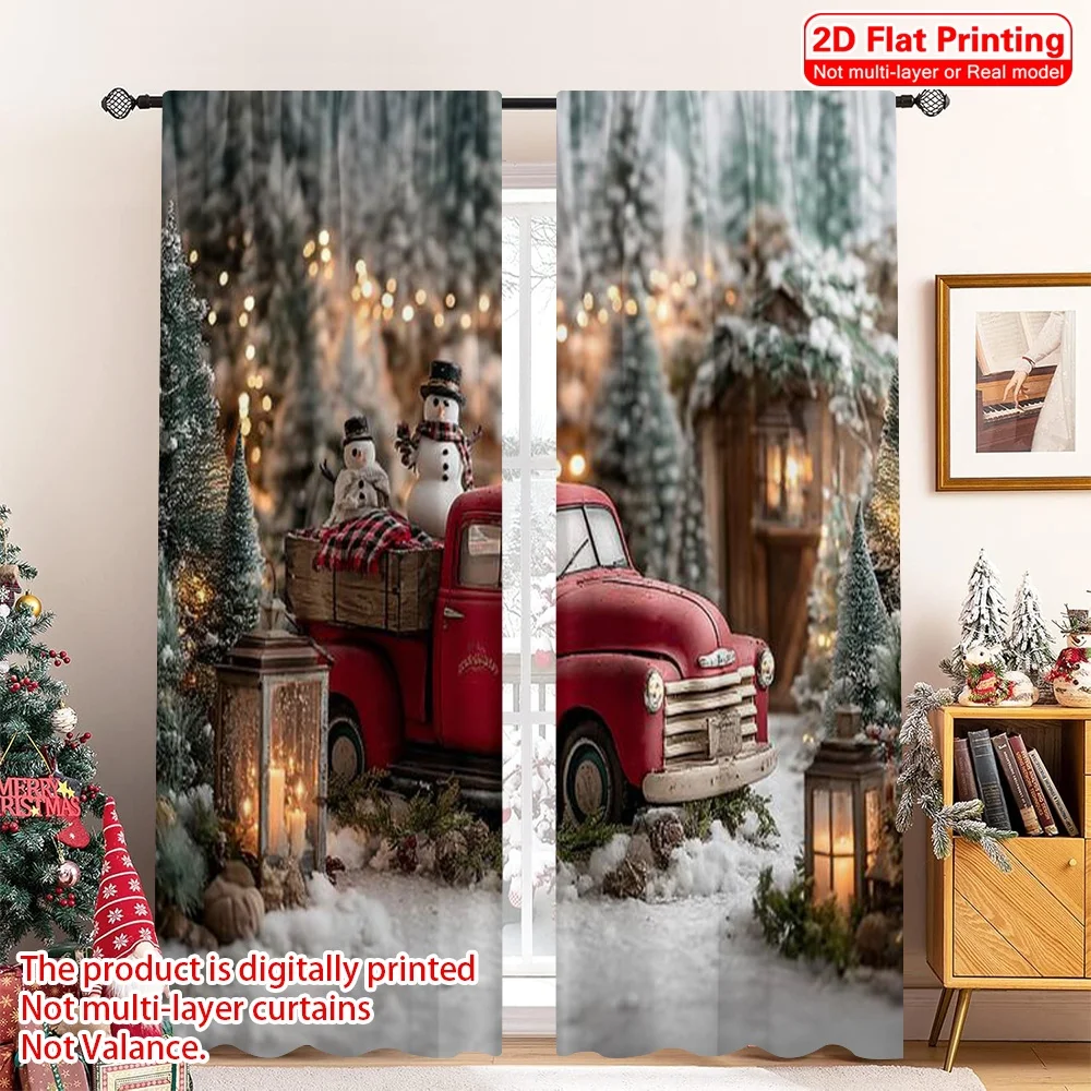 

2pcs 2D flat printing Merry Christmas Curtain Country red truck Versatile 100% Polyester Without Electricity Festive Wall Decor