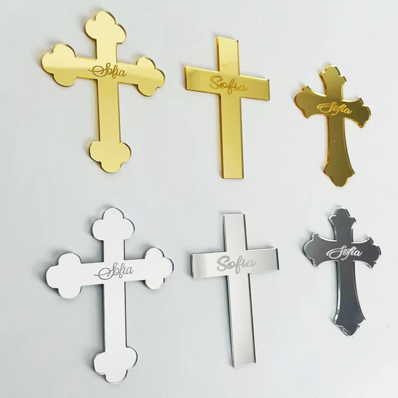 30Pieces Mirror Crosses Party Favors Prayer Personalized Cross Shape Acrylic Sticker Wedding Baptism Party Favors Home Decor