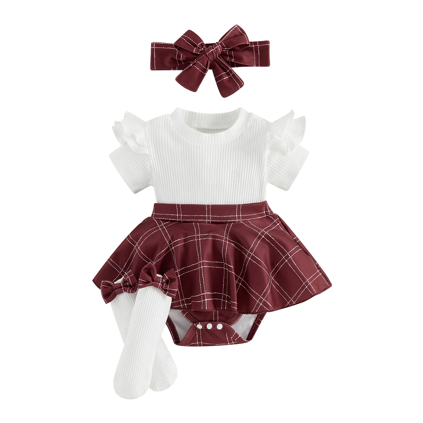 

Платье-комбинезон для маленьких девочек, клетчатый комбинезон с вишневым принтом и короткими рукавами, комплект с милой повязкой на голову и носками
