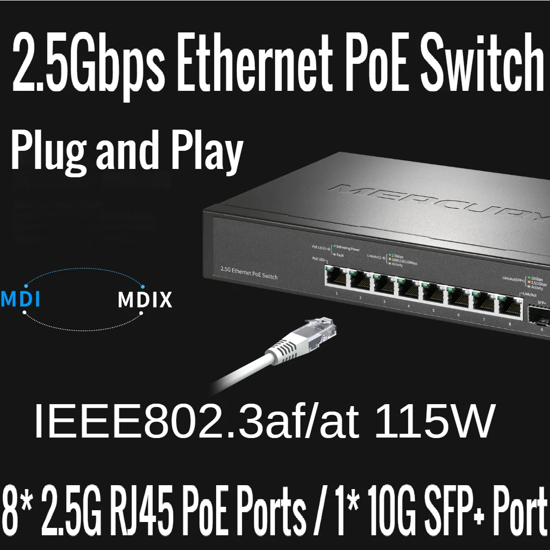 8*2500Mbps RJ45 Ports 1/2.5/10Gbps SFP+ Port Desktop Ethernet PoE Switch 2.5 Gigabit Ethernet Network Switch IEEE802.3af/at 115W