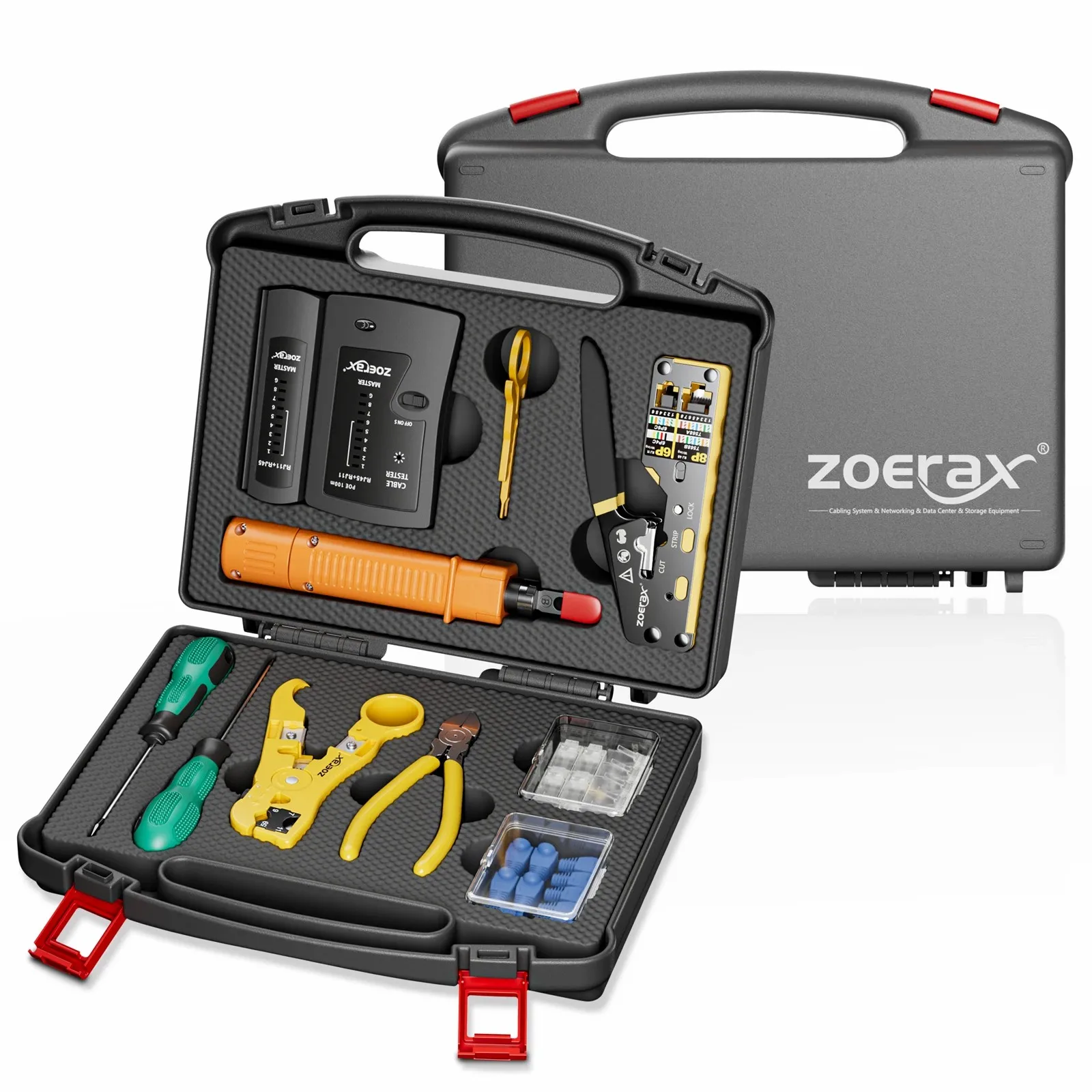 

Network Tool Kit, ZoeRax RJ45 Crimp Tool kit Pass Through Crimper RJ45 Crimping Tool, Cable Tester, Punch Down Tool, Stripper