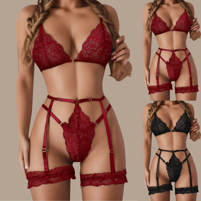 

Sexy Lace Lingerie Set For Women Floral Lace Ultrathin See Through Bra Set Brassiere+Thong+Garter 3-Piece Underwear Erotic Sets