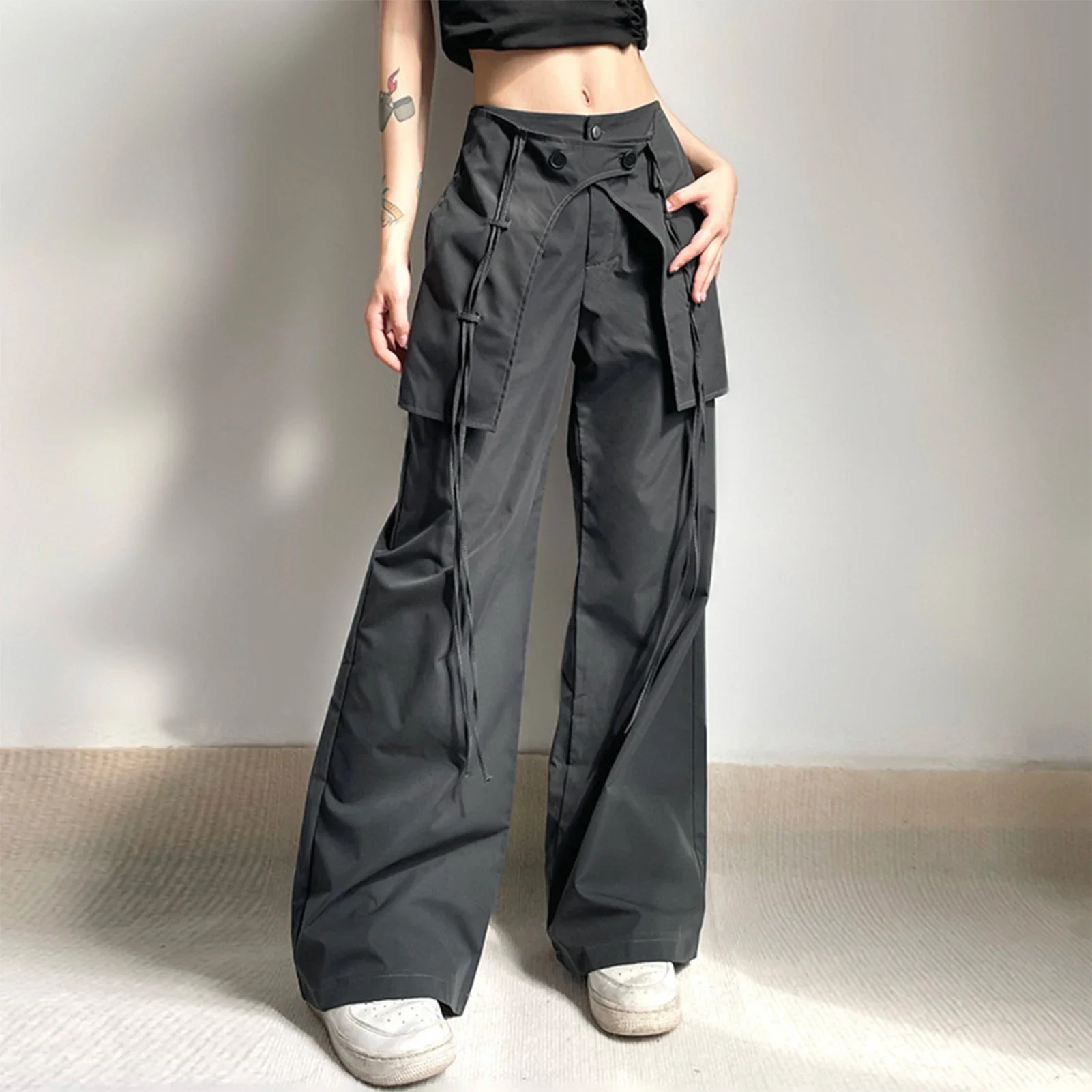 Y2K Long Pants Mid Waist Women Loose Cargo Pant Comfortable Black Solid Color Vintage Relaxed Fit Drawstring with Large Pockets