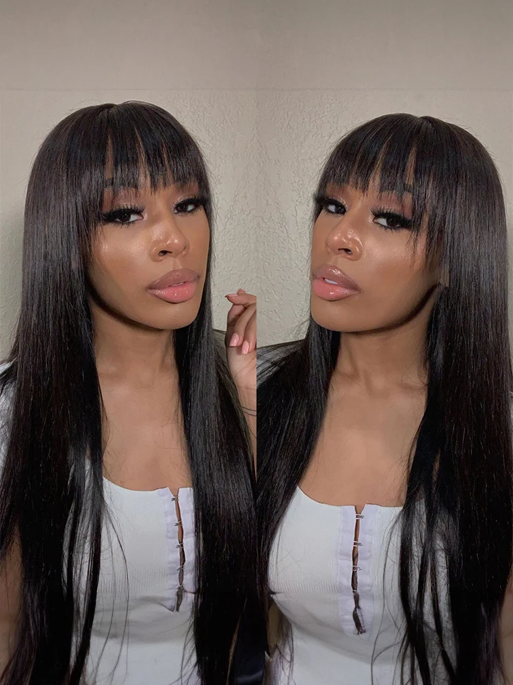 Straight Wig With Bangs Fringe Bob Human Hair Wig With Bangs For Women Brazilian Remy Hair Glueless Full Machine Made With Bangs