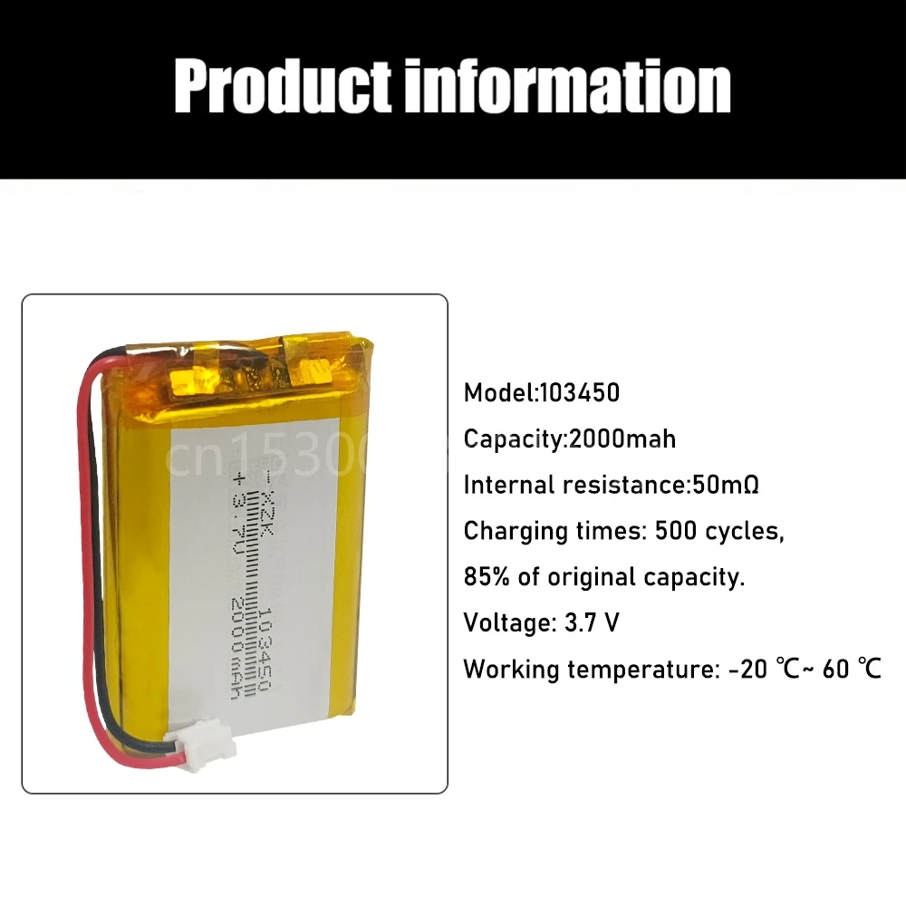 3.7V 2000mAh 103450 Lipo Polymer Lithium bateria recarregável para navegador GPS MP5 GPS Bluetooth Speaker headset e-book câmera