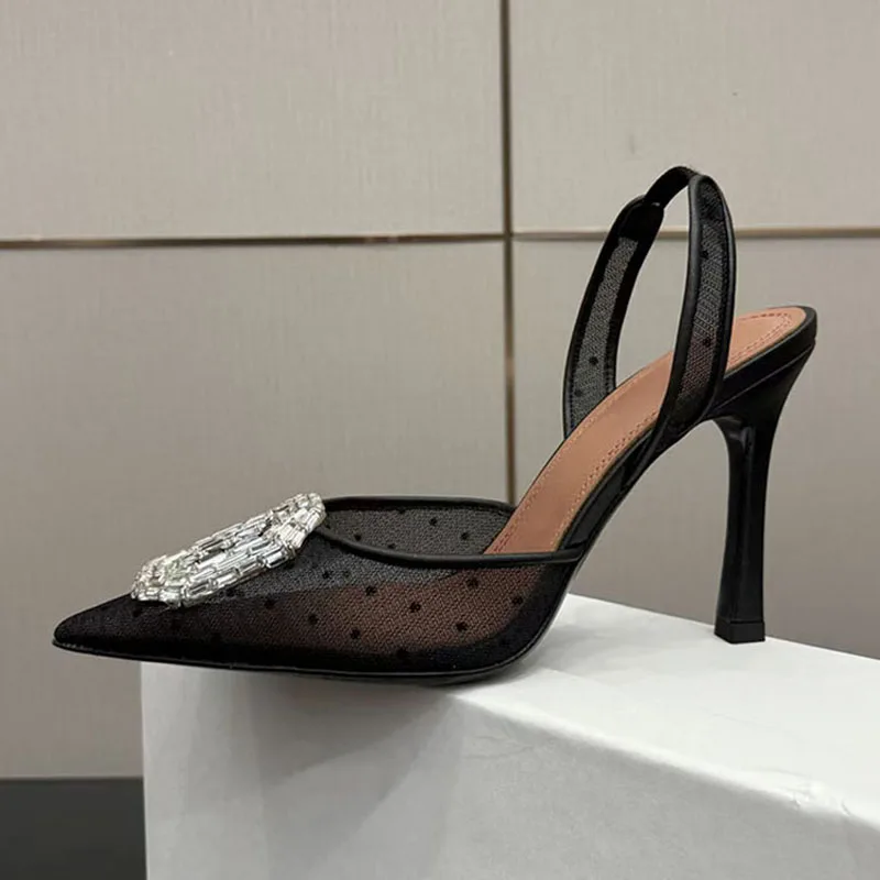 

Summer Mesh Black White High Heels Shoes Women Rhinestone Slingbacks Party Pumps Woman Pointed Toe Modern Sandals Woman
