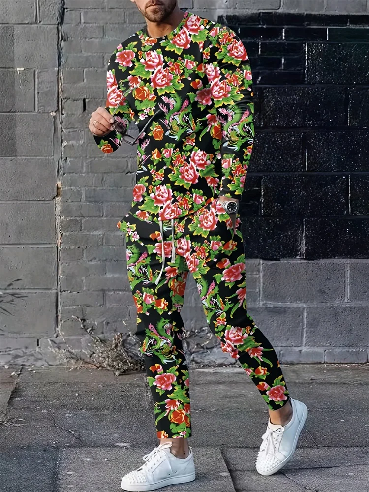 Northeast Big Flower Printed Men's Suit Spring And Autumn Daily Casual Men's Long Sleeve T-shirt Street Fashion Men's Pants