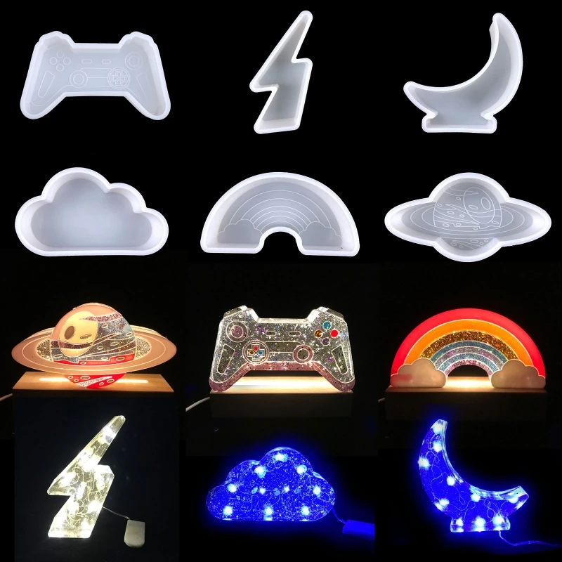 

1x/6x Night Light Epoxy Resin Molds Silicone Mold Set Rainbow Moon Clouds Game Console Shaped Mold Table Lamp Decoration