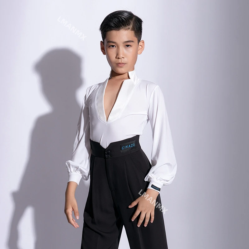 New Kids Boy Latin Dance Costumes Children Long Sleeve V-Neck Ballroom Dance Training Clothes Cha Cha Rumba Dancewear G