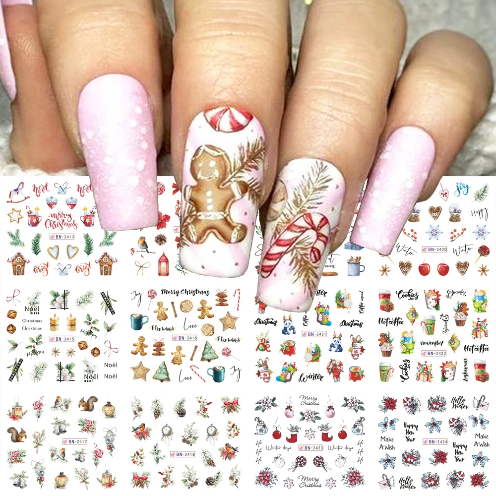 12pcs Weihnachten Nail Art Aufkleber Winter Dekoration Transfer Aufkleber Weihnachts bäume Tiere Geschenk Maniküre Wraps LEBBN2413-2424