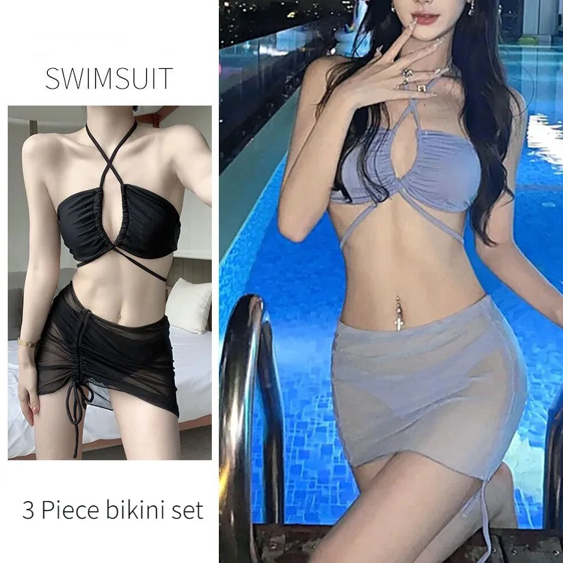 

Korean Sexy Tie Mesh Skirt Bikini Swimsuit Women's Summer Fashionable Beach Vacation 3-Piece Swimwear Set