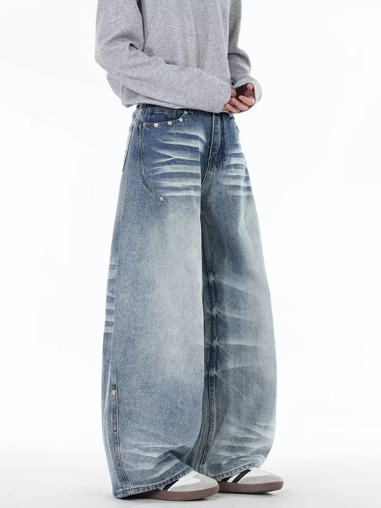 

Retro Harajuku Style Bamboo Design Loose Wide Leg Jeans Men's Cleanfit Denim Pants Autumn Season Non-stretch Vintage Jeans