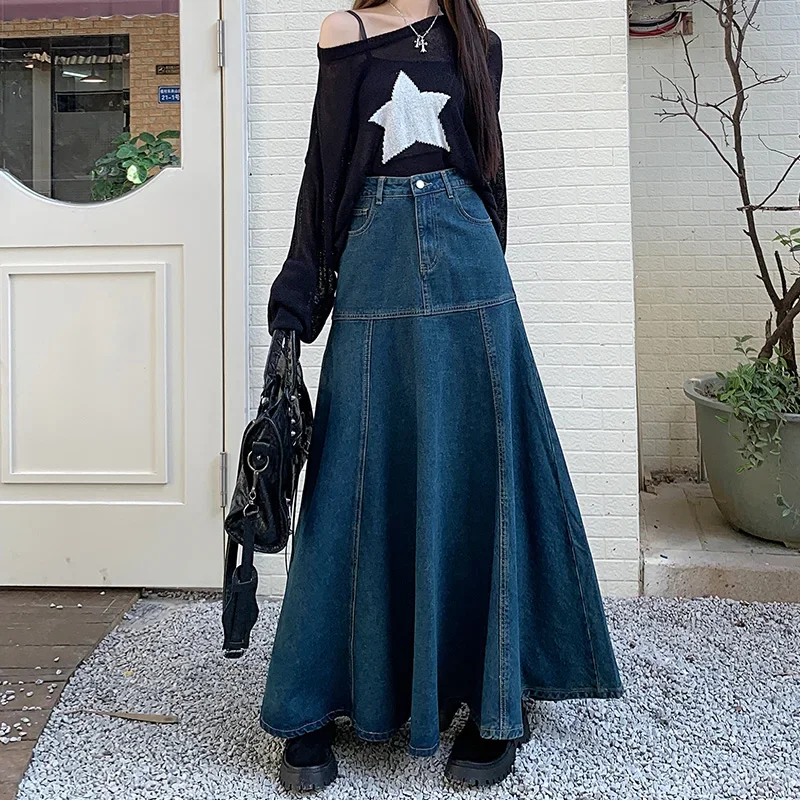 

Women Denim Long Skirt Harajuku Y2k 2000s Vintage Skirts 90s Aesthetic Streetwear Fashion Korean Style A-Line Jean Skirt Clothes