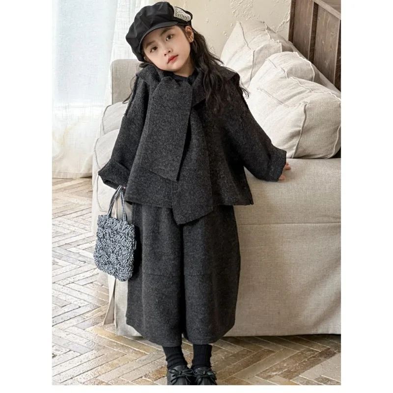 

Fashion Girl Suit Spring and Autumn 2025 New Children's Wool Jacket Wide Leg Pants Shawl Three-piece Set