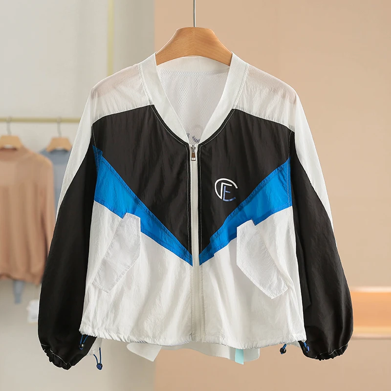 

Color Block Letter Print Casual Short Outerwear Women's Summer Fashion Sportswear Sun Protection Jacket Zipper Closure