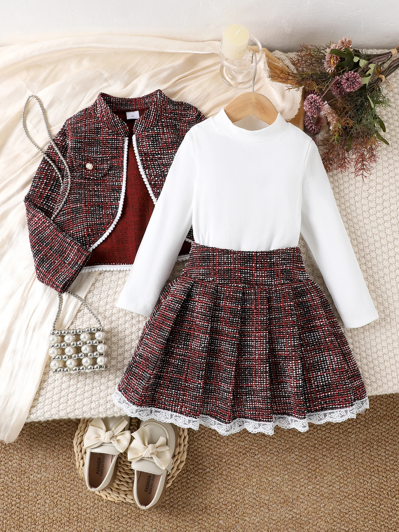 Cross-Border Winter Girls Are Sweet and Comfortable 4-7 Years Old Long-Sleeved Coat + White Bottomed Shirt + Short Skirt Set