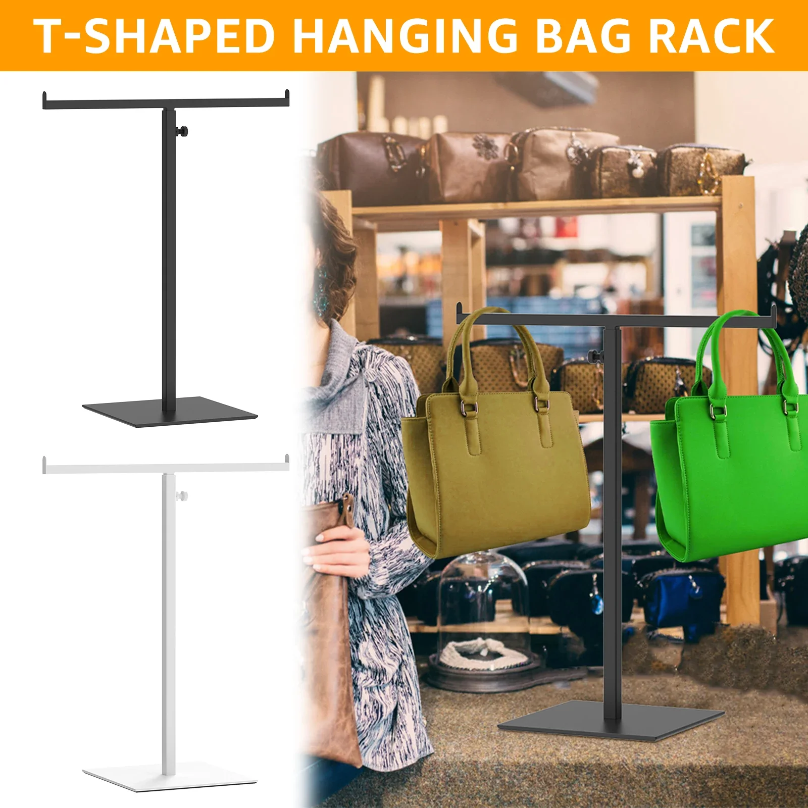 

T-Shaped Purse Display Stand Metal Adjustable Height Handbag Shelf Double Hook Jewelry Scarf Stands Rack for Home Boutique Store