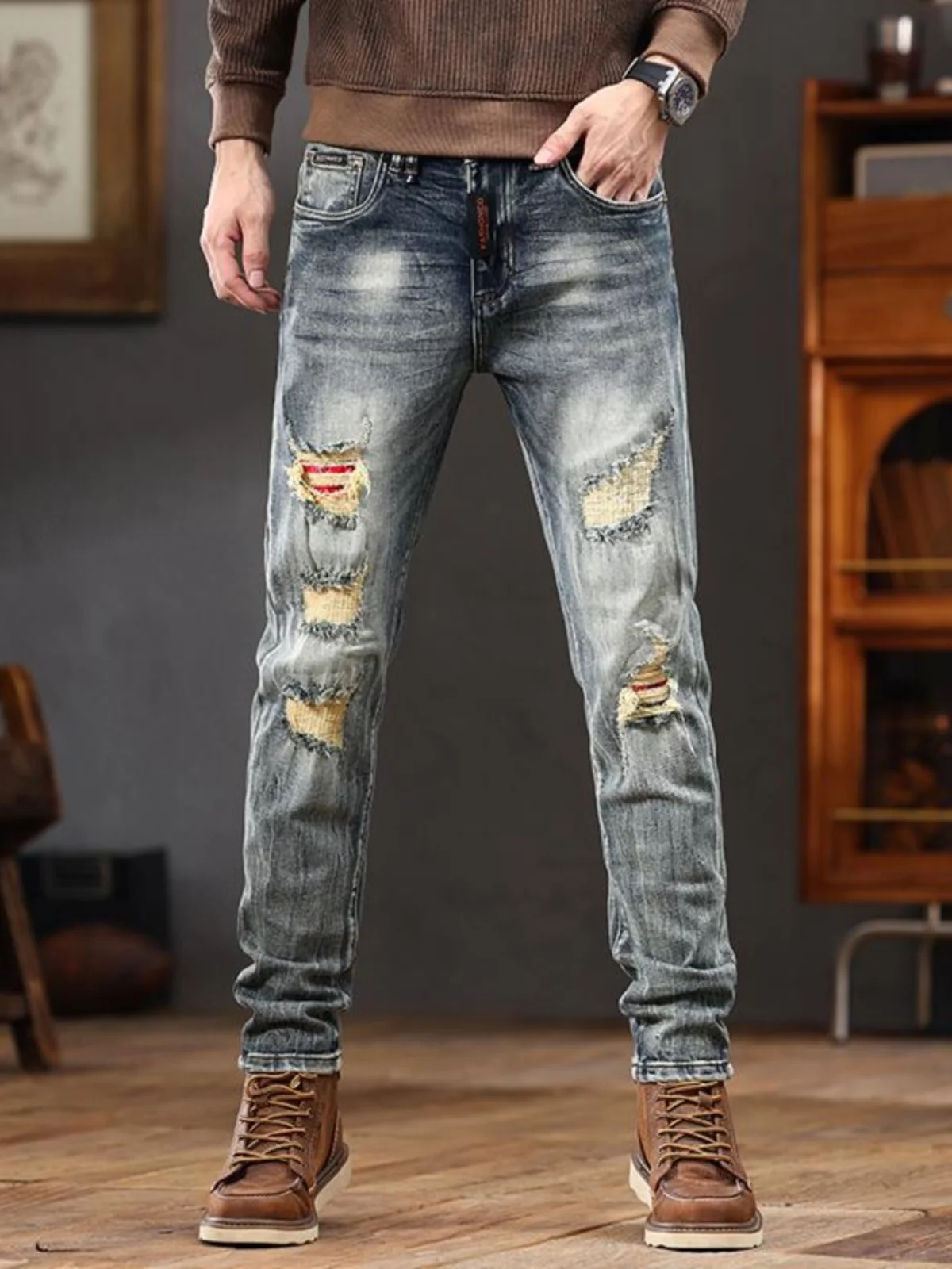 

Мужские джинсы в американском ретро-стиле, прямого кроя, с эффектом потертости, повседневные, из хлопкового стрейч-денима, со средней посадкой