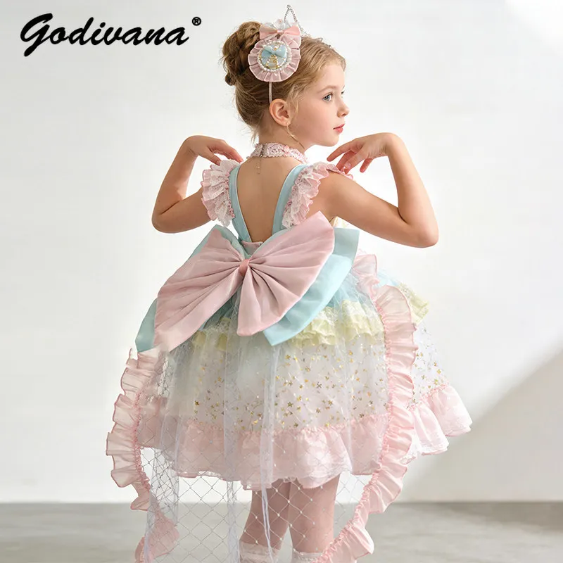 Original Sweet Baby Girls High End Heavy Lolita Princess Dress 2026 New Summer Kids Sequin Mesh Cartoon Print Bow Lace Trim Gown