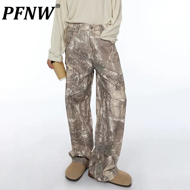 

PFNW 2024 Autumn New Male Heavy Art Printing Jeans Men American Worn-out Loose Straight Leg Denim Pants Trendy Trousers 28W4240