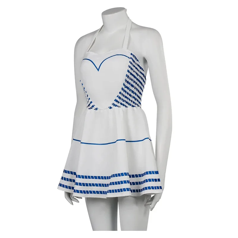 Disfraz de Barbi de la película Margot Robbie para mujer, disfraces de Halloween a rayas azules, vestido con cuello Halter, fiesta elegante, novedad de 2023