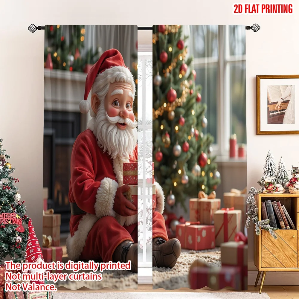 

2pcs 2D flat printing Merry Christmas Drapes Santa Claus Christmas Tree Presents_b 100% Polyester Without Electricity Family