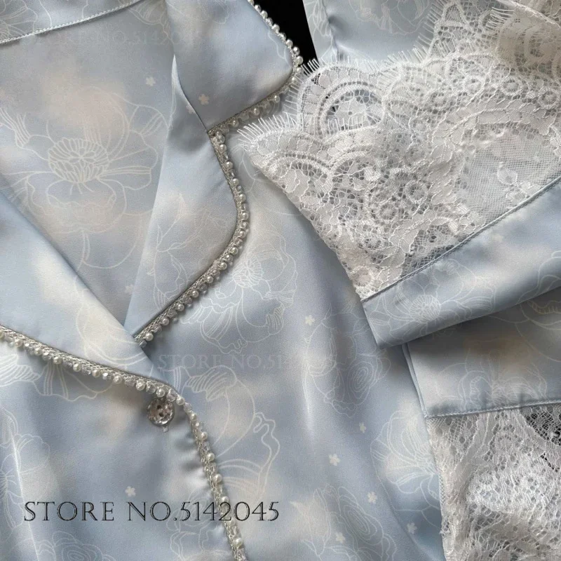 

Elegant Female 2PCS Pajamas Set Homewear Blue Print Flower Patchwork Lace Sleepwear Trouser Suits Loose Satin Pyjama Loungewear