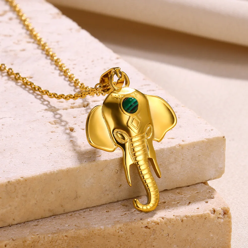 Stainless Steel Elephant Pendant Necklaces For Women Trend Natural Stone Jewelry Gold Color Chain Strength Peculiar Accessories