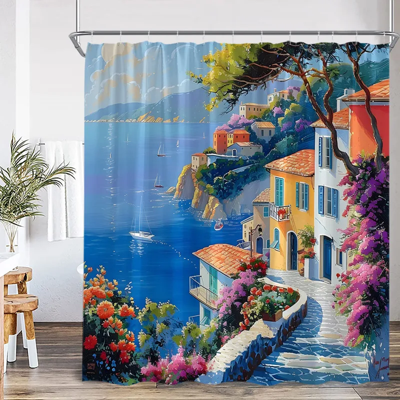 Seaside Town Shower Curtain Blue Ocean Floral Mountain Italian Architectural Scenery Bath Curtains Polyester Home Bathroom Decor