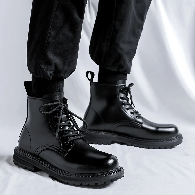 

men casual business office dress genuine leather boots black tide platform shoes cowboy ankle boot spring autumn short botas man