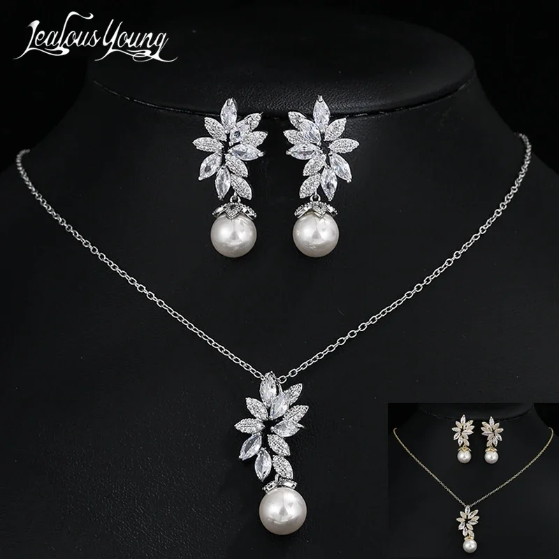 Luxury Silver Color AAA+ Cubic Zirconia Women Big Pearl Necklace Pendant and Earrings Jewelry Sets Gift