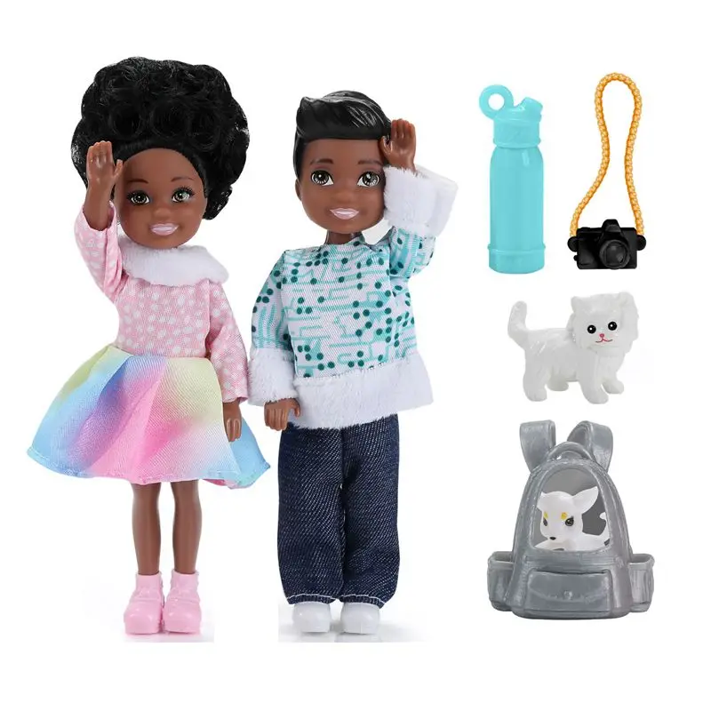 

5.5 Inch Lover Set Kids Toys Black Dolls African Girls Boys Pet Mini Camera Backpack Children' Play Toy Birthday Present Gifts