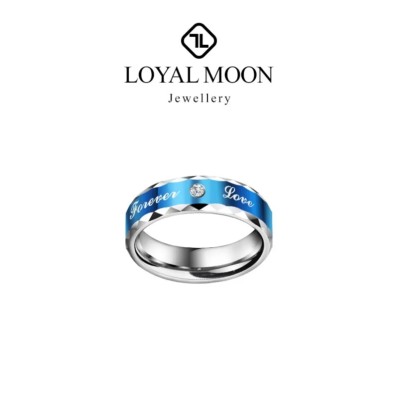 Loyal Moon Blue Tungsten Rings for Men and Women Wedding Bands for Couple Jewelry with Cubic Zirconia, Custom