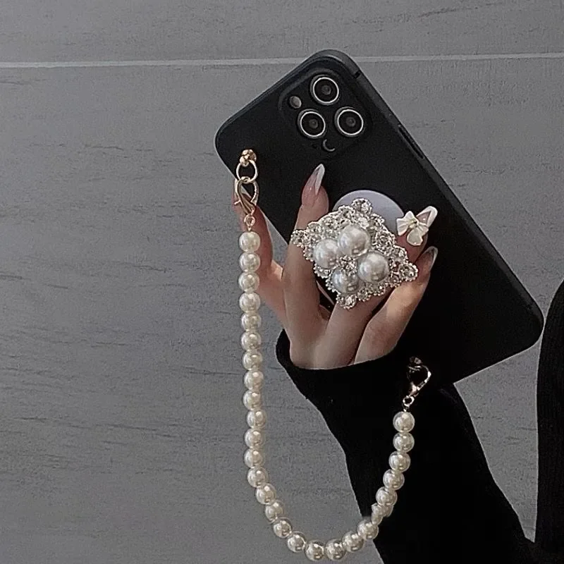 

Black Soft Silicone Phone Case for iPhone 16 15 14 13 12 11 Pro Max with Pearl Kickstand & Chain Women Protective Phone Shell