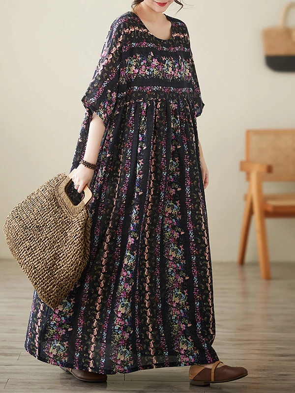 Estate New Sle Donna Plus Size Dr Striped Or Sve Maxi Dr Sweet Sle Loose Fit Misto cotone e lino Lungo Dr