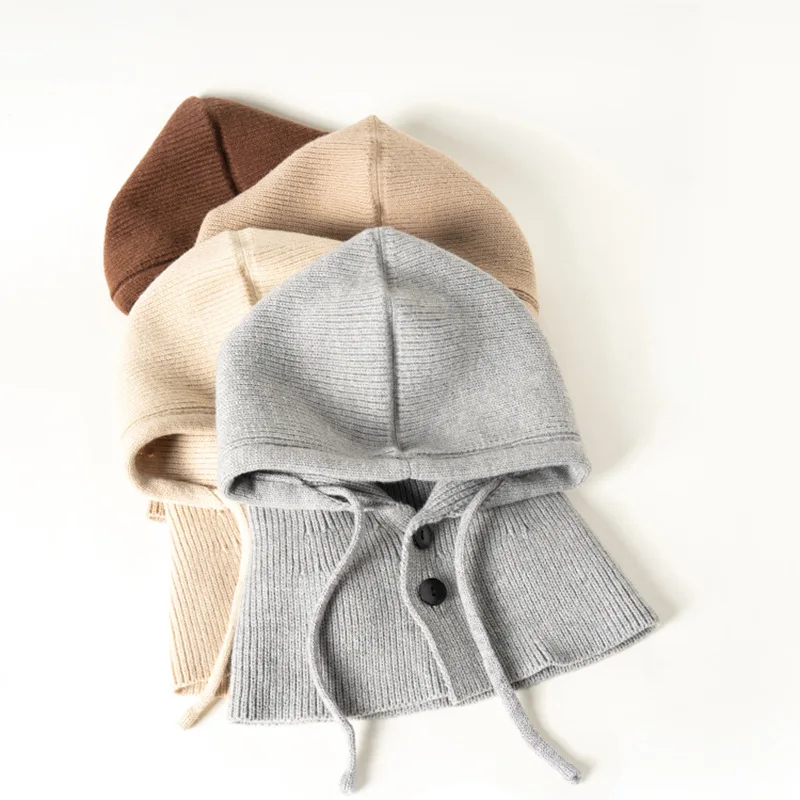 Winter Warm Knit Balaclava for Women Outdoor Button Drawstring Hooded Scarf Integrated Neck Warmer Casual Pullover Hat Beanie
