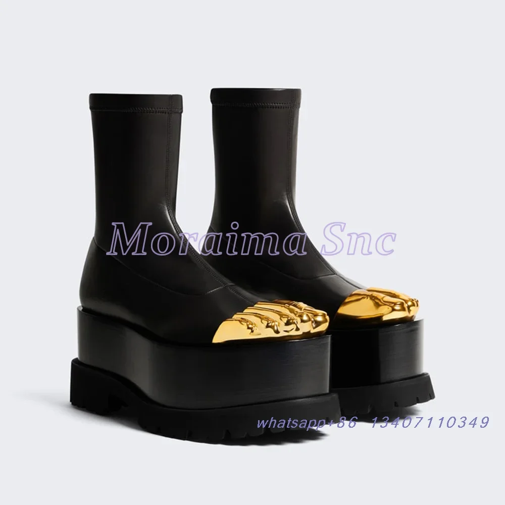 

Golden Toe Platform Thigh High Boots Thick Bottom Back Zipper Black Leather Women's Over-the Knee Long Boots 2025 New Autumn