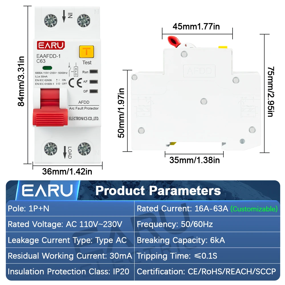 2P AFDD-63 AFCI Arc Fault Protector Device RCBO Circuit Breaker Interrupted Overload Earth Leakage Short Circuit  Protection
