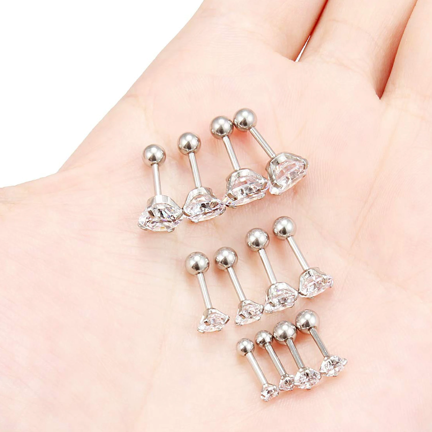 1 Pair Fashion Stainless Steel Cubic Zirconia Cartilage Helix Stud Earrings Set Ear Piercing Jewelry for Women Men 3-8mm