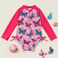 Long Sleeve Bathing Suits for Girls One-Piece Swimsuit Butterfly Print Zipper Ruffled Swimwear Swim Shirts for Surfing